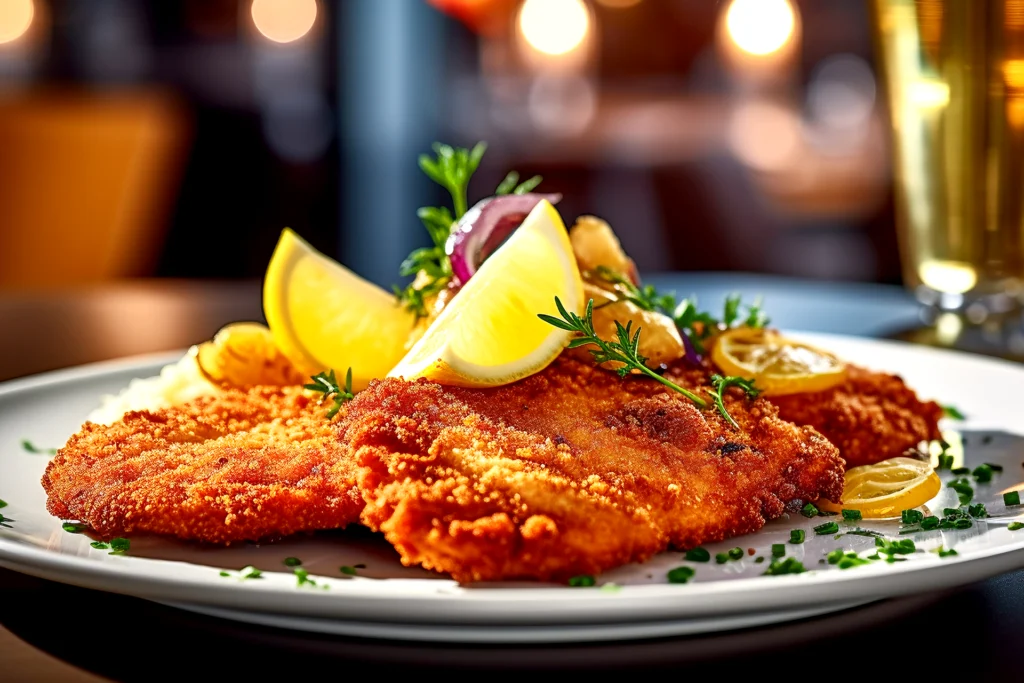 Knuspriges Wiener Schnitzel auf einem weißen Teller.