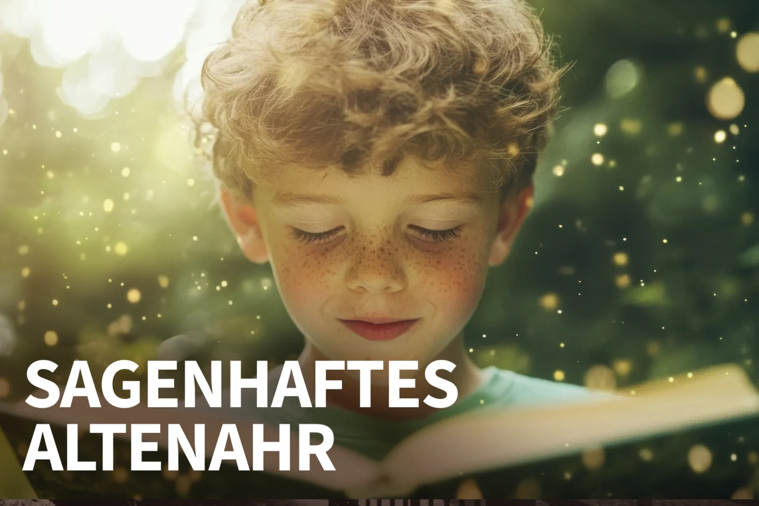 Ein Jungen liest in einem Buch Sagen und Legenden von Altenahr.